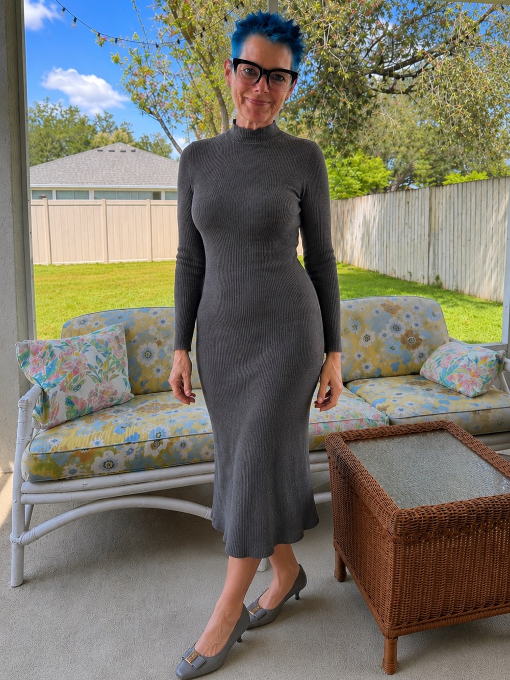 Vintage 80s, Gray, Ribbed Knit, Sweater Dress, Women’s S Long Sleeve, Mock Neck
